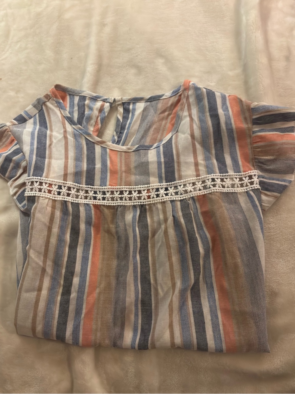 Striped Short-Sleeve Crochet-Trim Blouse - Blue, Coral, Cream
